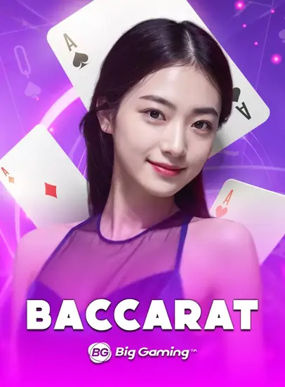 ปกโต๊ะสด Baccarat หญิงสาวถือไพ่บาคาร่าสดบรรยากาศชมพูม่วง