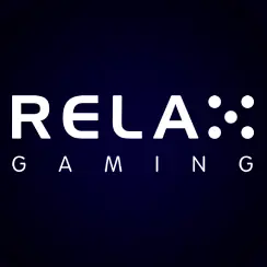 โลโก้ Relax Gaming ตัวหนังสือสีขาวบนผืนผ้าใบน้ำเงินเข้ม